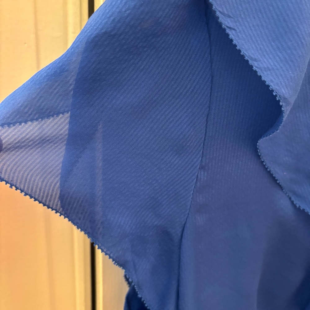 BCBGMaxAzria Silk Royal Cobalt Blue Sheer Blouse size M Ruffles - Picture 4 of 9